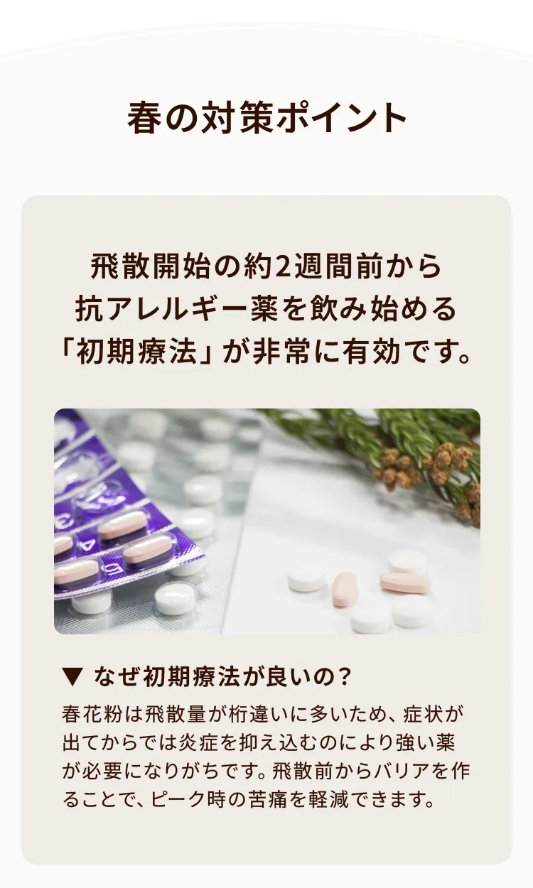 春の対策ポイント。飛散開始の約2週間前からの初期療法（抗アレルギー薬の服用）の有効性について。
