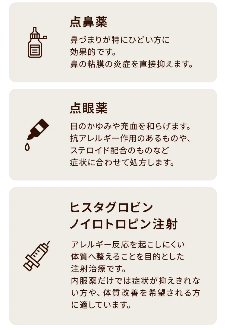 その他の治療法。点鼻薬、点眼薬、ヒスタグロビン・ノイロトロピン注射についての解説。