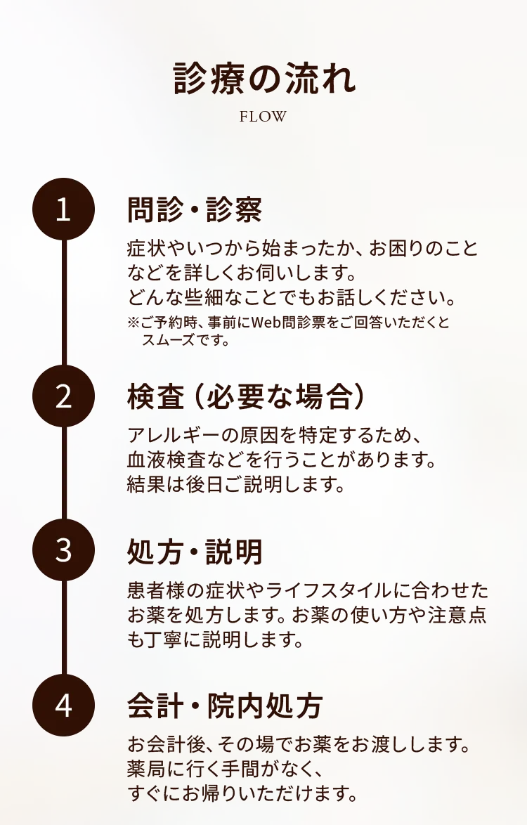 診療の流れ：1.問診・診察、2.検査（必要な場合）、3.処方・説明、4.会計・院内処方